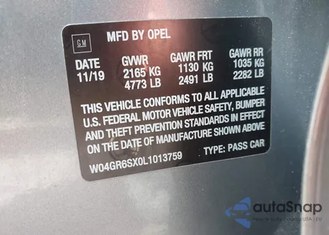 2020 Buick Regal Sportback Awd Essence from USA, damaged, VIN W04GR6SX0L1013759